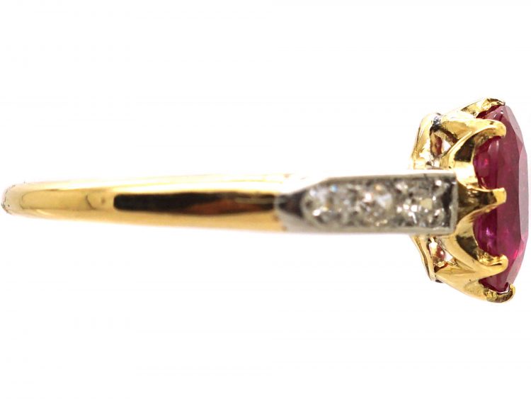 Edwardian 18ct Gold & Platinum, Ruby Solitaire Ring with Diamond set Shoulders
