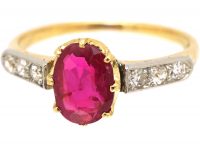 Edwardian 18ct Gold & Platinum, Ruby Solitaire Ring with Diamond set Shoulders