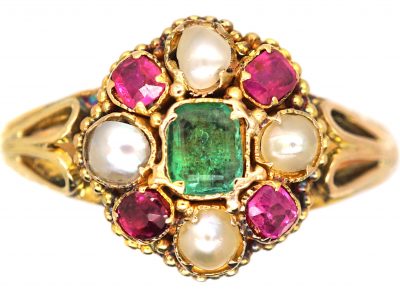 Victorian 15ct Gold Cluster Ring set with Natural Split Pearls, Rubies & an Emerald