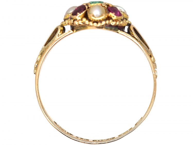 Victorian 15ct Gold Cluster Ring set with Natural Split Pearls, Rubies & an Emerald