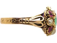 Victorian 15ct Gold Cluster Ring set with Natural Split Pearls, Rubies & an Emerald