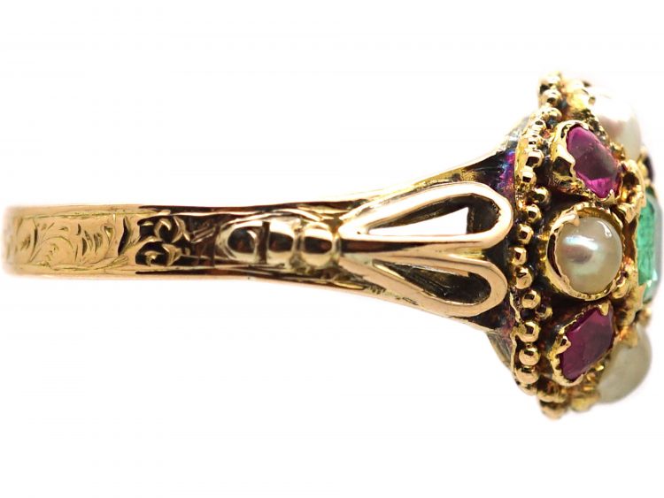 Victorian 15ct Gold Cluster Ring set with Natural Split Pearls, Rubies & an Emerald