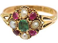 Victorian 15ct Gold Cluster Ring set with Natural Split Pearls, Rubies & an Emerald