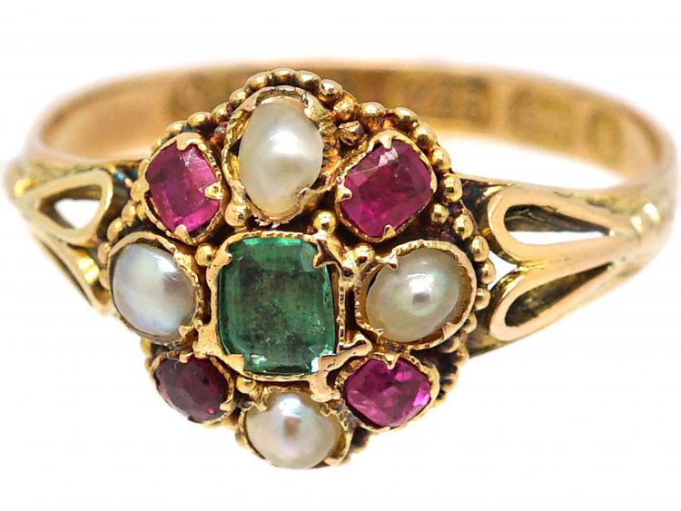 Victorian 15ct Gold Cluster Ring set with Natural Split Pearls, Rubies & an Emerald