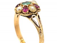 Victorian 15ct Gold Cluster Ring set with Natural Split Pearls, Rubies & an Emerald