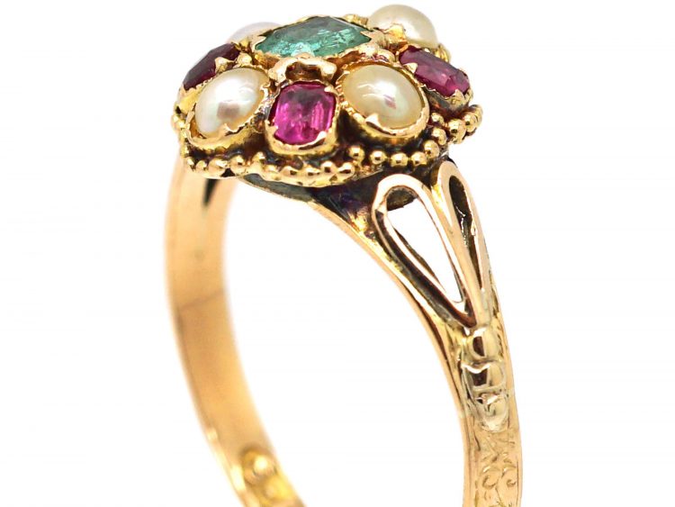 Victorian 15ct Gold Cluster Ring set with Natural Split Pearls, Rubies & an Emerald