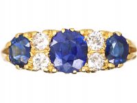 Victorian 18ct Gold Three Stone Sapphire & Diamond Carved Half Hoop Ring