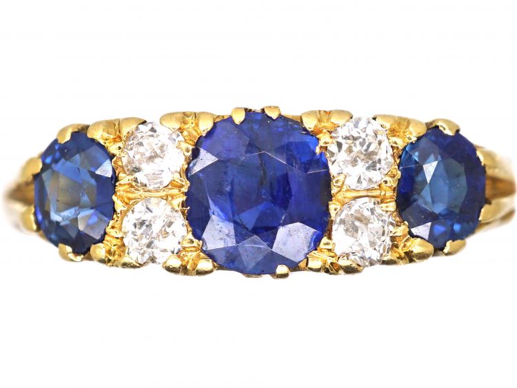 Victorian 18ct Gold Three Stone Sapphire & Diamond Carved Half Hoop Ring