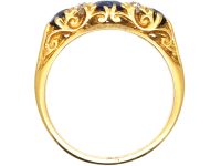 Victorian 18ct Gold Three Stone Sapphire & Diamond Carved Half Hoop Ring