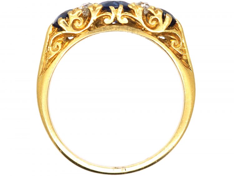 Victorian 18ct Gold Three Stone Sapphire & Diamond Carved Half Hoop Ring
