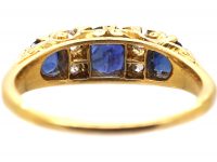 Victorian 18ct Gold Three Stone Sapphire & Diamond Carved Half Hoop Ring