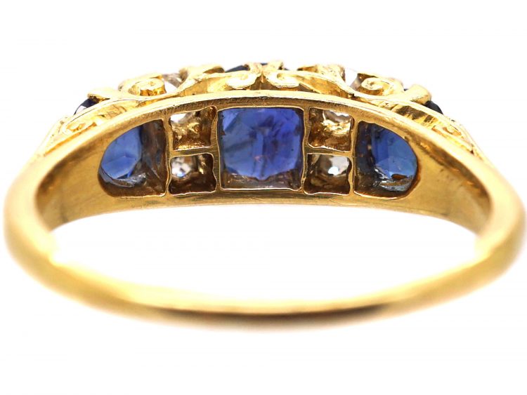 Victorian 18ct Gold Three Stone Sapphire & Diamond Carved Half Hoop Ring