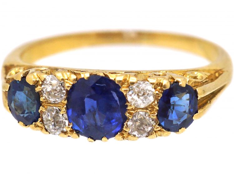 Victorian 18ct Gold Three Stone Sapphire & Diamond Carved Half Hoop Ring