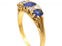 Victorian 18ct Gold Three Stone Sapphire & Diamond Carved Half Hoop Ring
