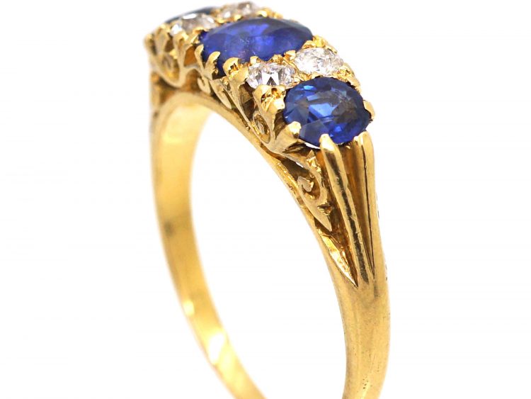 Victorian 18ct Gold Three Stone Sapphire & Diamond Carved Half Hoop Ring