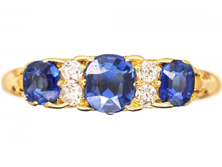 Edwardian 18ct Gold Sapphire & Diamond Three Stone Carved Half Hoop Ring