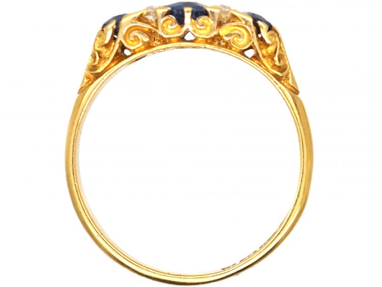 Edwardian 18ct Gold Sapphire & Diamond Three Stone Carved Half Hoop Ring