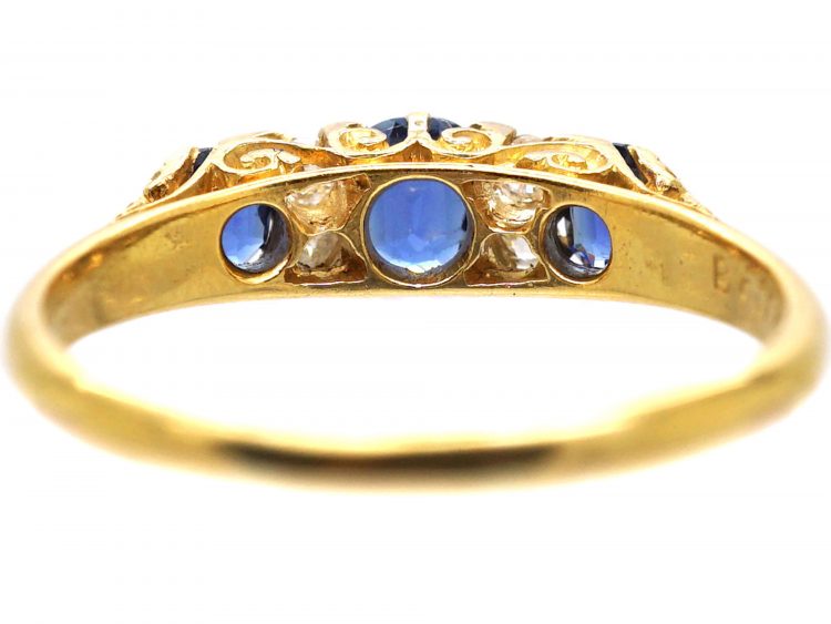 Edwardian 18ct Gold Sapphire & Diamond Three Stone Carved Half Hoop Ring