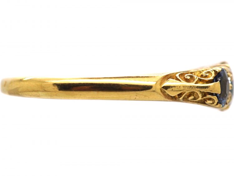 Edwardian 18ct Gold Sapphire & Diamond Three Stone Carved Half Hoop Ring