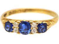 Edwardian 18ct Gold Sapphire & Diamond Three Stone Carved Half Hoop Ring