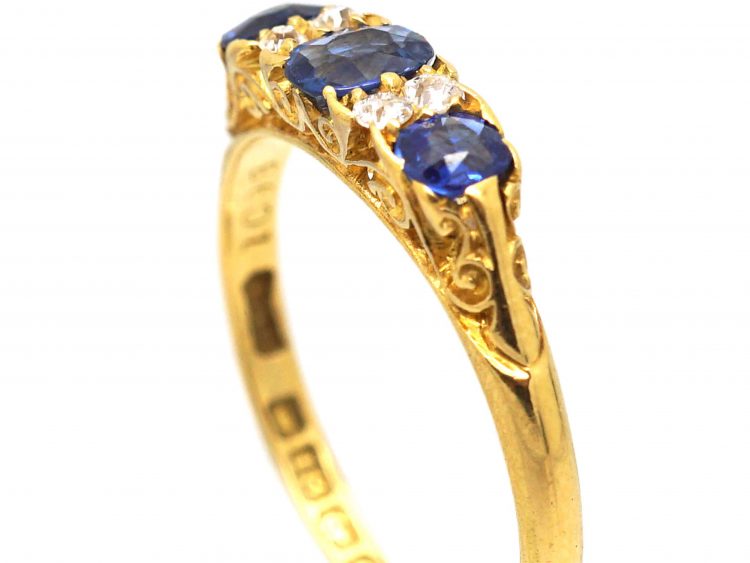 Edwardian 18ct Gold Sapphire & Diamond Three Stone Carved Half Hoop Ring