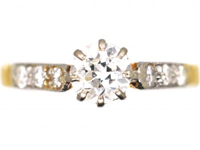 Early 20th Century 18ct Gold & Platinum, Diamond Solitaire Ring with Diamond set Shoulders