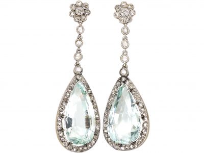 French Belle Epoque 18ct Gold & Platinum Large Aquamarine & Diamond Drop Earrings