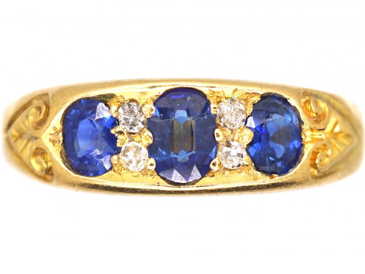 Victorian 18ct Gold, Sapphire & Diamond Three Stone Boat Shaped Ring