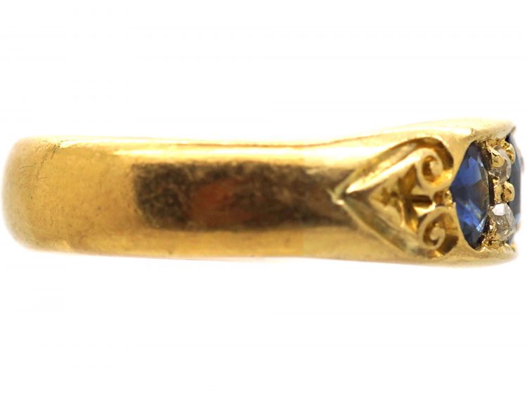 Victorian 18ct Gold, Sapphire & Diamond Three Stone Boat Shaped Ring