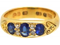 Victorian 18ct Gold, Sapphire & Diamond Three Stone Boat Shaped Ring