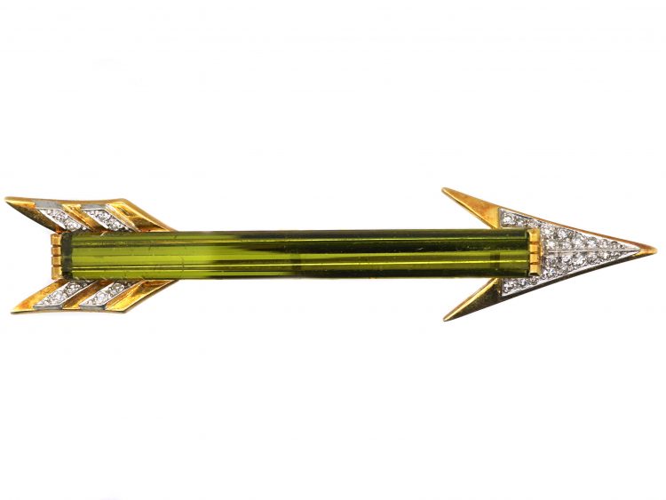 Retro 18ct Gold Green Tourmaline & Diamond Arrow Brooch in Original Case