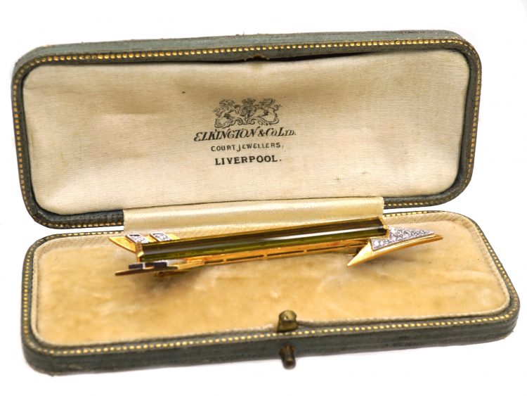 Retro 18ct Gold Green Tourmaline & Diamond Arrow Brooch in Original Case