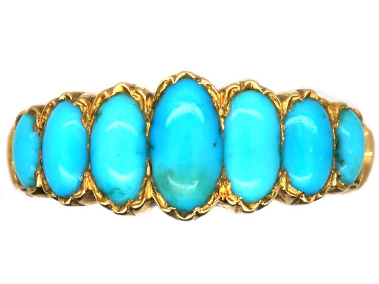 Early Victorian 18ct Gold Ring set with Seven Cabochon Cut Turquoise