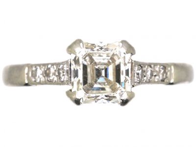 Art Deco Platinum Ring set with an Asscher Cut Diamond with Diamond set Shoulders