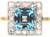 Art Deco 18ct Gold & Platinum Square Ring set with an Aquamarine & Diamonds