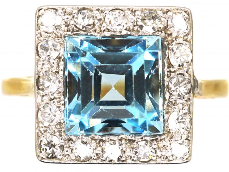 Art Deco 18ct Gold & Platinum Square Ring set with an Aquamarine & Diamonds