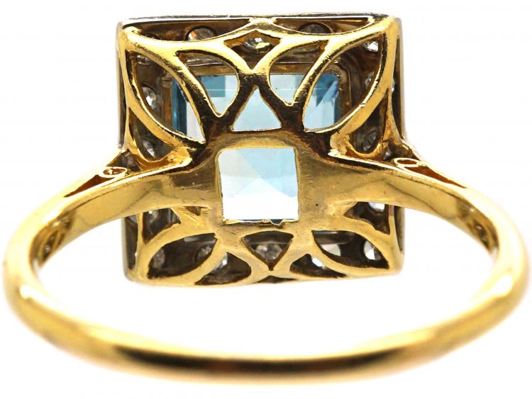 Art Deco 18ct Gold & Platinum Square Ring set with an Aquamarine & Diamonds