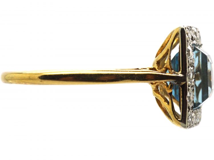 Art Deco 18ct Gold & Platinum Square Ring set with an Aquamarine & Diamonds