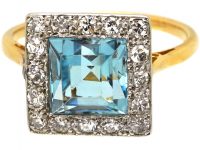 Art Deco 18ct Gold & Platinum Square Ring set with an Aquamarine & Diamonds