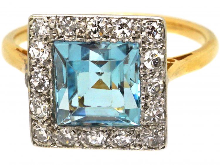 Art Deco 18ct Gold & Platinum Square Ring set with an Aquamarine & Diamonds