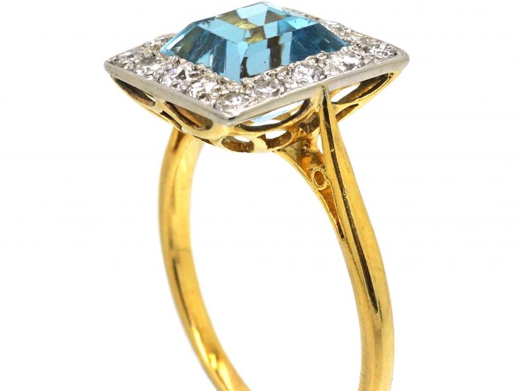 Art Deco 18ct Gold & Platinum Square Ring set with an Aquamarine & Diamonds