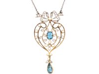 Edwardian 15ct Gold & Platinum Bow & Heart Shaped Pendant set with Aquamarines, Natural Pearls & Diamonds on a Platinum Chain
