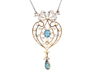 Edwardian 15ct Gold & Platinum Bow & Heart Shaped Pendant set with Aquamarines, Natural Pearls & Diamonds on a Platinum Chain