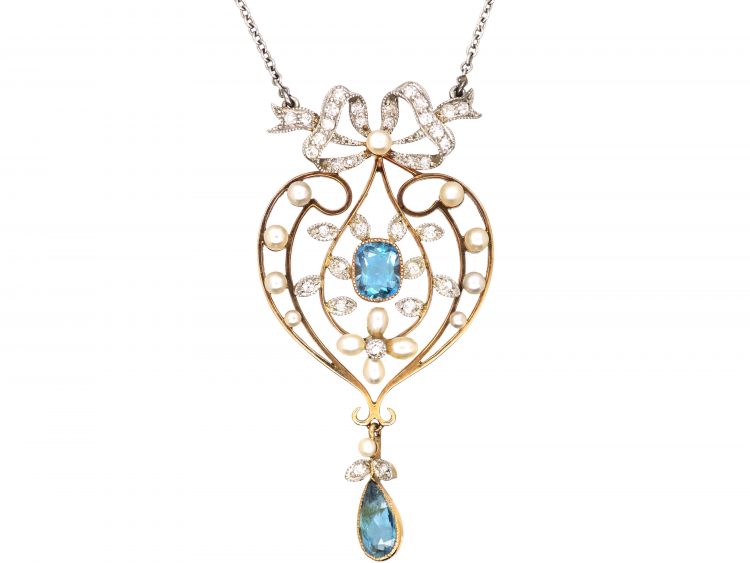 Edwardian 15ct Gold & Platinum Bow & Heart Shaped Pendant set with Aquamarines, Natural Pearls & Diamonds on a Platinum Chain