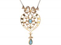 Edwardian 15ct Gold & Platinum Bow & Heart Shaped Pendant set with Aquamarines, Natural Pearls & Diamonds on a Platinum Chain