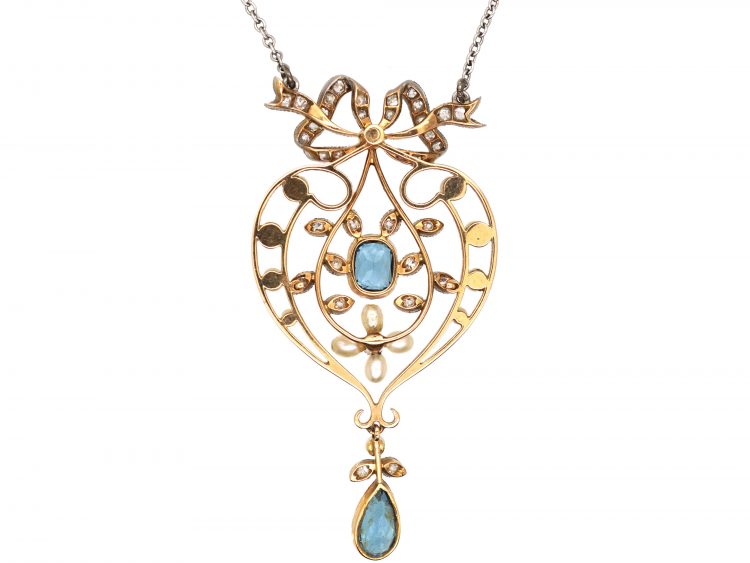 Edwardian 15ct Gold & Platinum Bow & Heart Shaped Pendant set with Aquamarines, Natural Pearls & Diamonds on a Platinum Chain