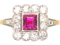Art Deco 18ct Gold & Platinum, Square Ring set with a Ruby & Diamonds