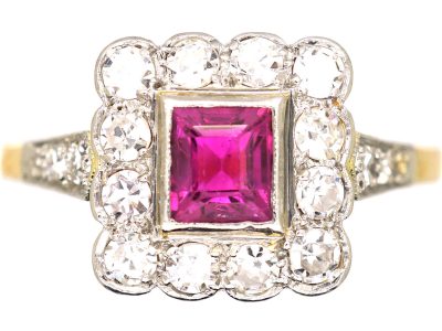 Art Deco 18ct Gold & Platinum, Square Ring set with a Ruby & Diamonds