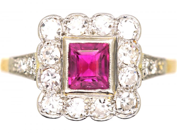 Art Deco 18ct Gold & Platinum, Square Ring set with a Ruby & Diamonds