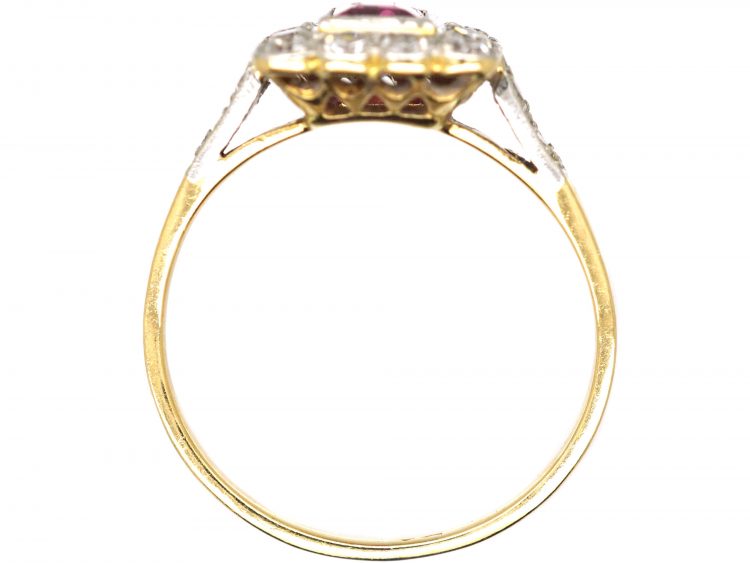 Art Deco 18ct Gold & Platinum, Square Ring set with a Ruby & Diamonds